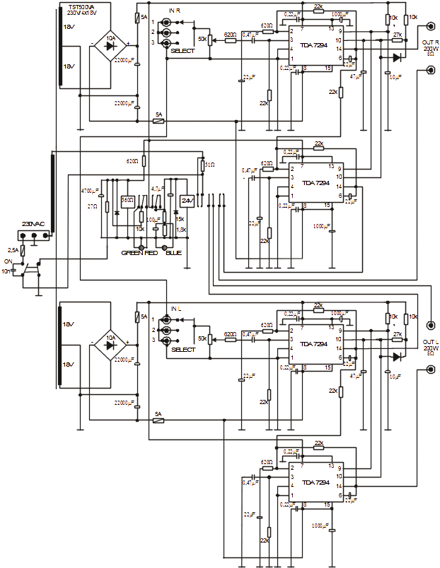 wzmanciacz mostkowy na TDA7294 - schemat