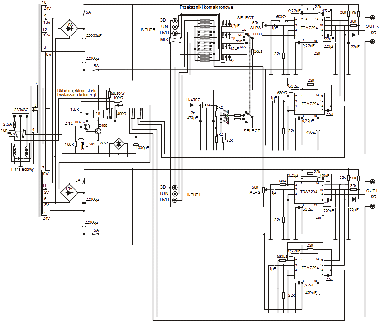 wzmacniacz na TDA7294-schemat